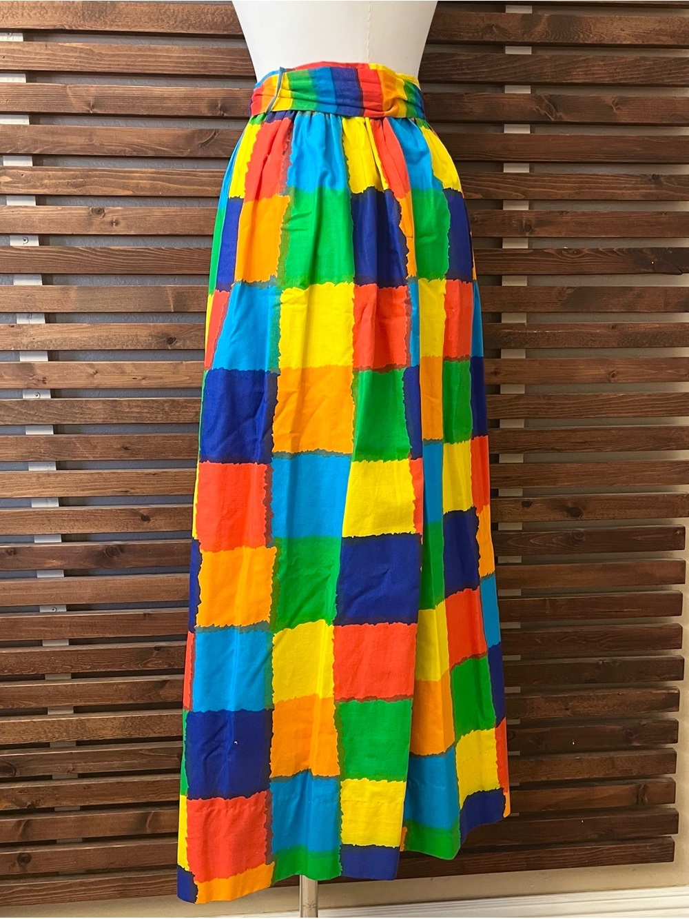 1970s 70s Vintage Rainbow Multicolor Patchwork Print High Tie Waist Maxi Skirt - Picture 8 of 11